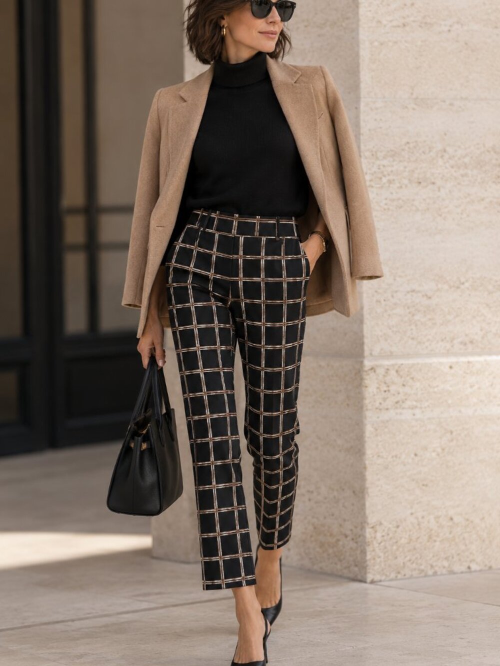 JOSEPH RIBKOFF | Black & Brown Plaid Stretch Trousers – Women’s Size 14